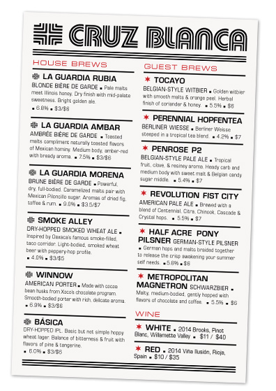 Cruz Blanca Brewery Menu